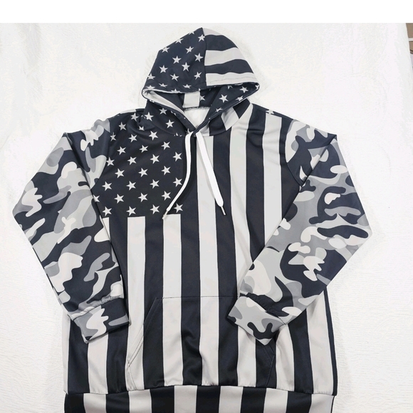 Sanatty Other - Camo American Flag Patriotic Hoodie Pocket USA Gray Black 4th Of July Mens L/XL